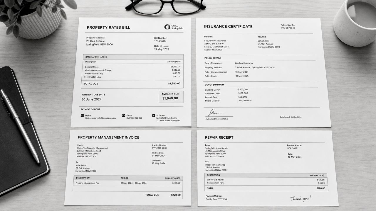 Four different financial documents including a property rates bill, insurance certificate, management invoice, and repair receipt on a desk.