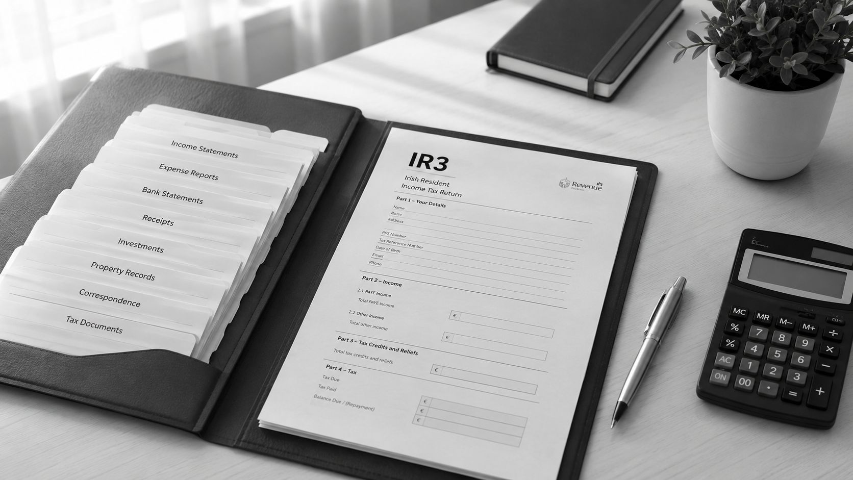 A leather document folder containing an Irish tax return form on a desk with a calculator.