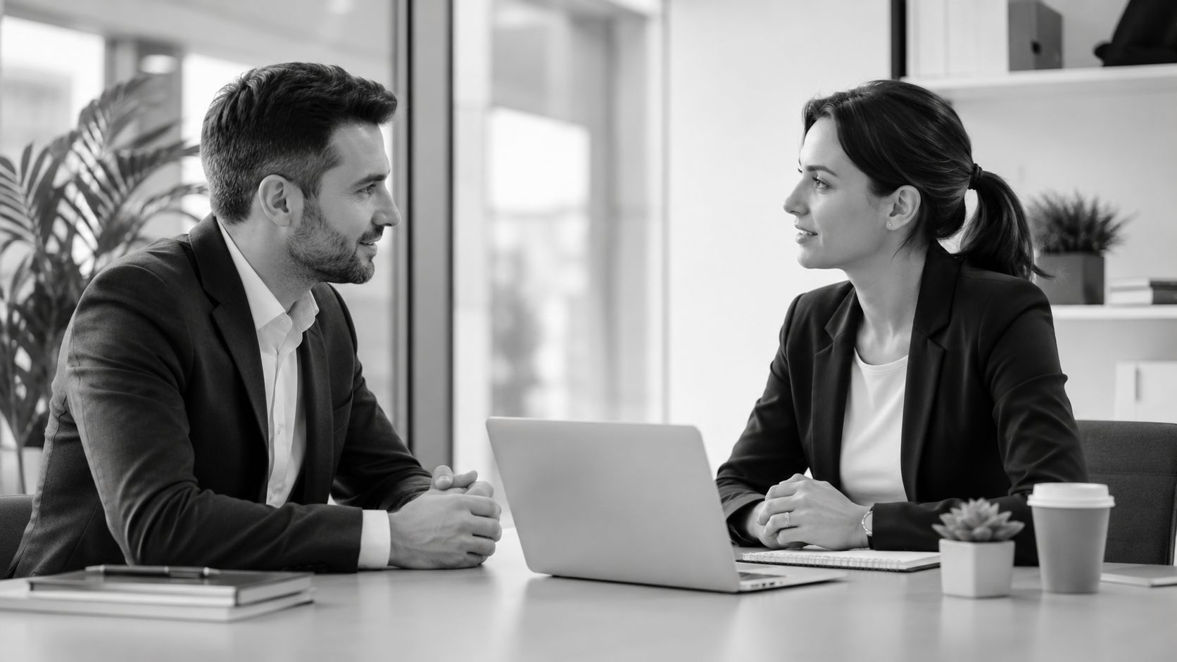 A professional man and woman in business attire having a discussion across a desk in an office.