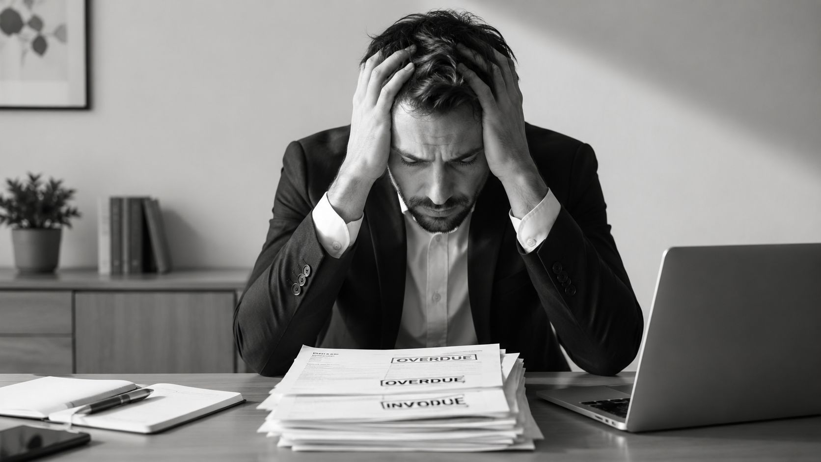 A stressed businessman in a suit sitting at a desk with a large stack of overdue paperwork.